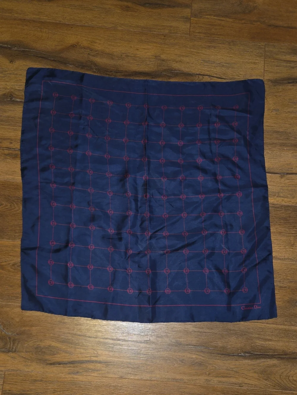 Vintage Christian Dior Navy Blue Square Scarf with Red Grid